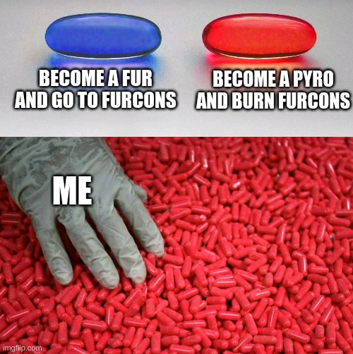 Blue or red pill | BECOME A FUR AND GO TO FURCONS BECOME A PYRO AND BURN FURCONS ME | image tagged in blue or red pill | made w/ Imgflip meme maker