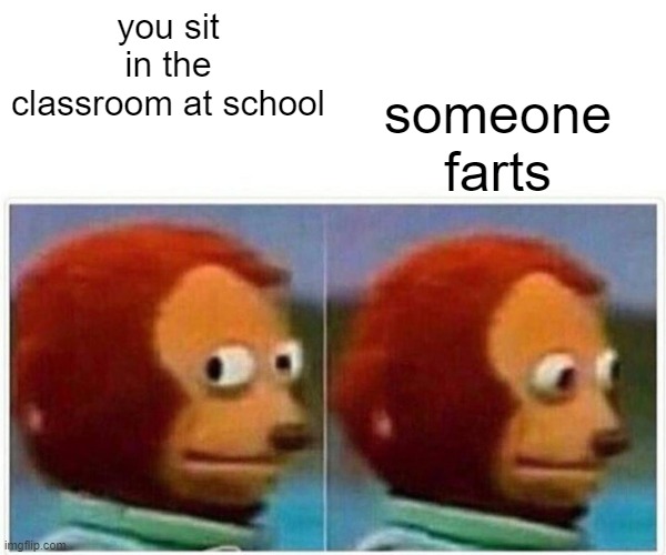 Monkey Puppet Meme | someone farts; you sit in the classroom at school | image tagged in memes,monkey puppet | made w/ Imgflip meme maker