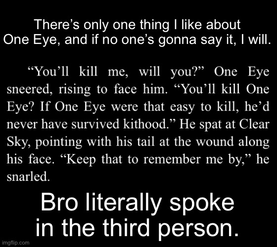 We just gonna ignore that or…? | There’s only one thing I like about One Eye, and if no one’s gonna say it, I will. Bro literally spoke in the third person. | made w/ Imgflip meme maker