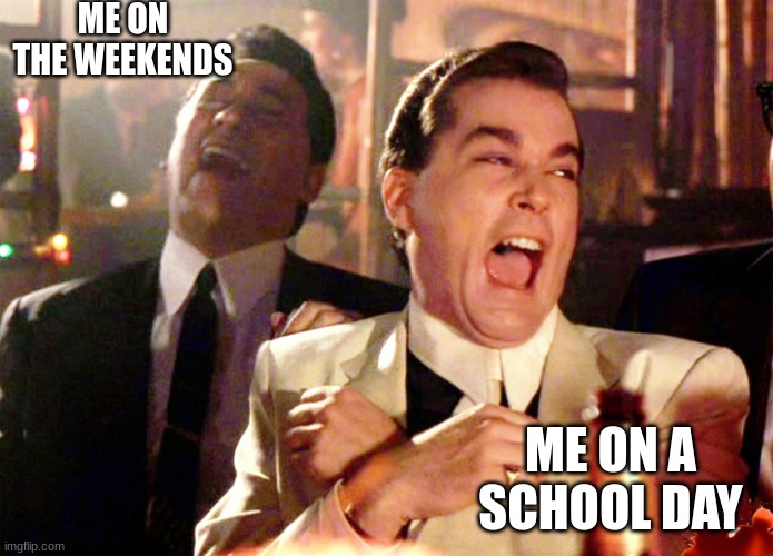 Good Fellas Hilarious Meme | ME ON THE WEEKENDS; ME ON A SCHOOL DAY | image tagged in memes,good fellas hilarious | made w/ Imgflip meme maker