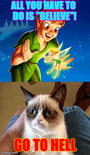 When I'm watching Disney movies....... | ALL YOU HAVE TO DO IS "BELIEVE"! GO TO HELL | image tagged in memes,grumpy cat does not believe | made w/ Imgflip meme maker