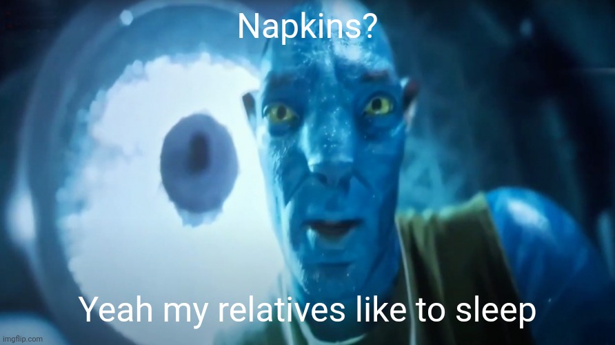 Staring Avatar Guy | Napkins? Yeah my relatives like to sleep | image tagged in staring avatar guy | made w/ Imgflip meme maker