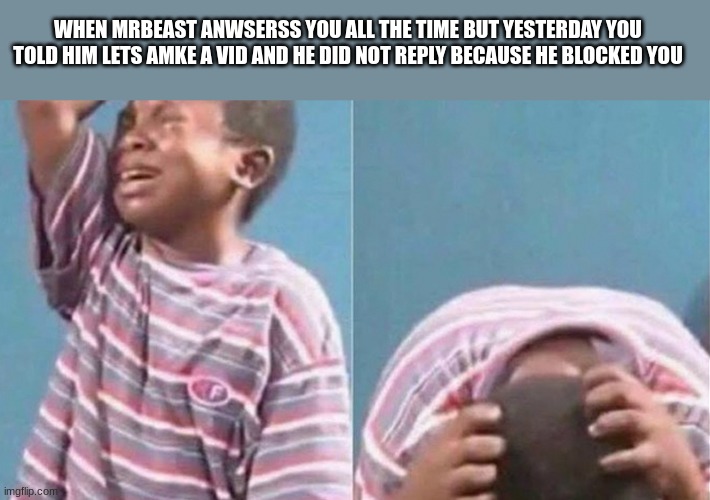 Crying black kid | WHEN MRBEAST ANWSERSS YOU ALL THE TIME BUT YESTERDAY YOU TOLD HIM LETS AMKE A VID AND HE DID NOT REPLY BECAUSE HE BLOCKED YOU | image tagged in crying black kid | made w/ Imgflip meme maker
