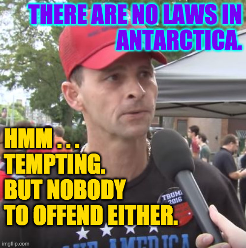 Plenty of wilderness to despoil, too. | THERE ARE NO LAWS IN
ANTARCTICA. HMM . . .
TEMPTING.
BUT NOBODY
TO OFFEND EITHER. | image tagged in trump supporter,memes,antarctica | made w/ Imgflip meme maker