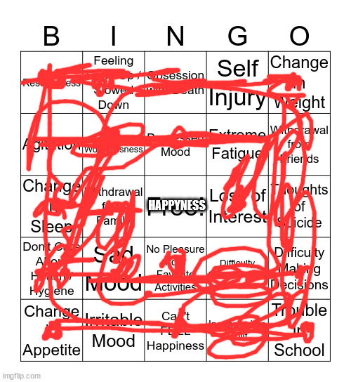 depression bingo 1 | HAPPYNESS | image tagged in depression bingo 1 | made w/ Imgflip meme maker