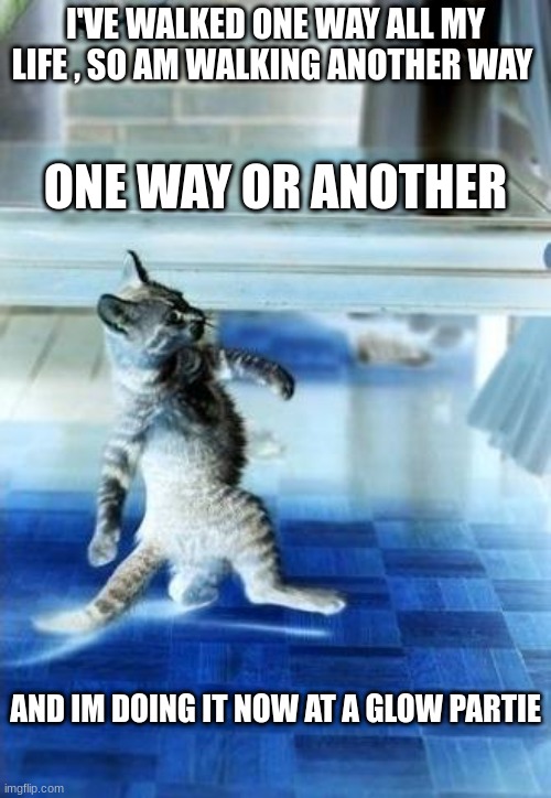 Cool Cat Stroll Back | I'VE WALKED ONE WAY ALL MY LIFE , SO AM WALKING ANOTHER WAY; ONE WAY OR ANOTHER; AND IM DOING IT NOW AT A GLOW PARTIE | image tagged in cool cat stroll back | made w/ Imgflip meme maker