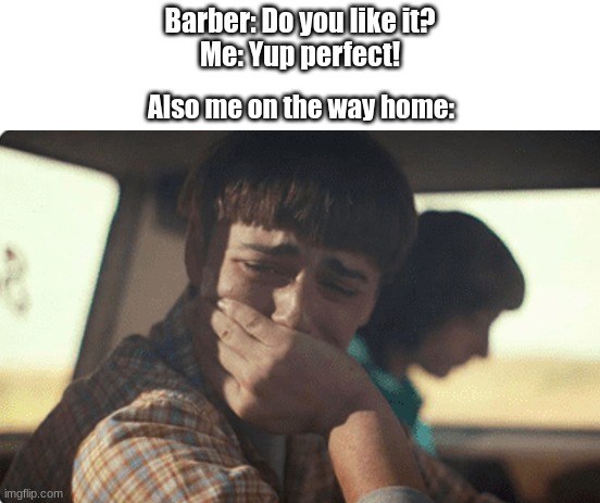 Barber: Do you like it?
Me: Yup perfect! Also me on the way home: | image tagged in relatable,funny,memes,wtf,haircut,depression | made w/ Imgflip meme maker