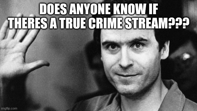 pls tell me if there is | DOES ANYONE KNOW IF THERES A TRUE CRIME STREAM??? | image tagged in ted bundy greeting | made w/ Imgflip meme maker