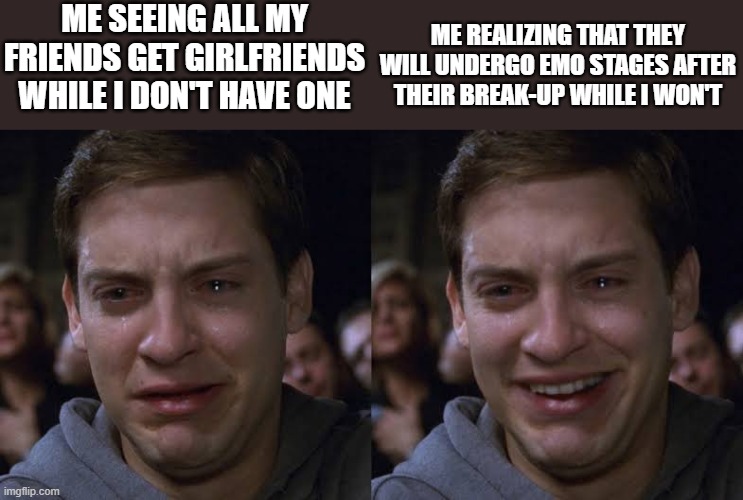 yeah its not needed.... | ME SEEING ALL MY FRIENDS GET GIRLFRIENDS WHILE I DON'T HAVE ONE; ME REALIZING THAT THEY WILL UNDERGO EMO STAGES AFTER THEIR BREAK-UP WHILE I WON'T | image tagged in toby maguire crying and laughing | made w/ Imgflip meme maker