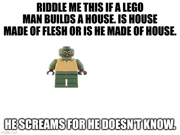 think about it | RIDDLE ME THIS IF A LEGO MAN BUILDS A HOUSE. IS HOUSE MADE OF FLESH OR IS HE MADE OF HOUSE. HE SCREAMS FOR HE DOESN'T KNOW. | image tagged in lego | made w/ Imgflip meme maker