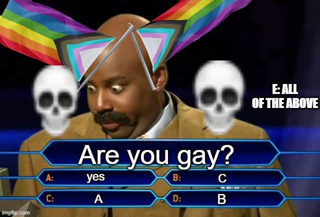 The million dollar question | E: ALL OF THE ABOVE; Are you gay? yes; C; B; A | image tagged in who wants to be a millionaire,funny memes,gay,questions | made w/ Imgflip meme maker