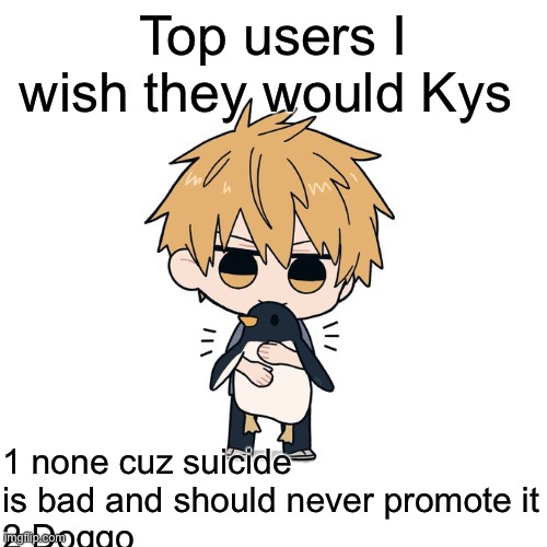 Kimoto chainsaw man | Top users I wish they would Kys; 1 none cuz suicide is bad and should never promote it
2 Doggo_ | image tagged in kimoto chainsaw man | made w/ Imgflip meme maker