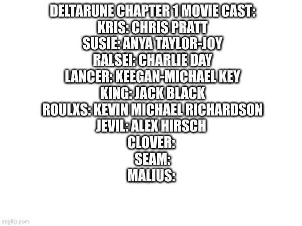 Help me finish the cast | DELTARUNE CHAPTER 1 MOVIE CAST:

KRIS: CHRIS PRATT
SUSIE: ANYA TAYLOR-JOY
RALSEI: CHARLIE DAY
LANCER: KEEGAN-MICHAEL KEY
KING: JACK BLACK
ROULXS: KEVIN MICHAEL RICHARDSON
JEVIL: ALEX HIRSCH 
CLOVER: 
SEAM:
MALIUS: | made w/ Imgflip meme maker