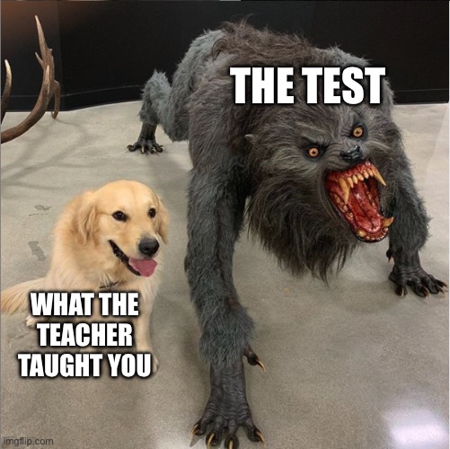 True | THE TEST; WHAT THE TEACHER TAUGHT YOU | image tagged in dog vs werewolf | made w/ Imgflip meme maker