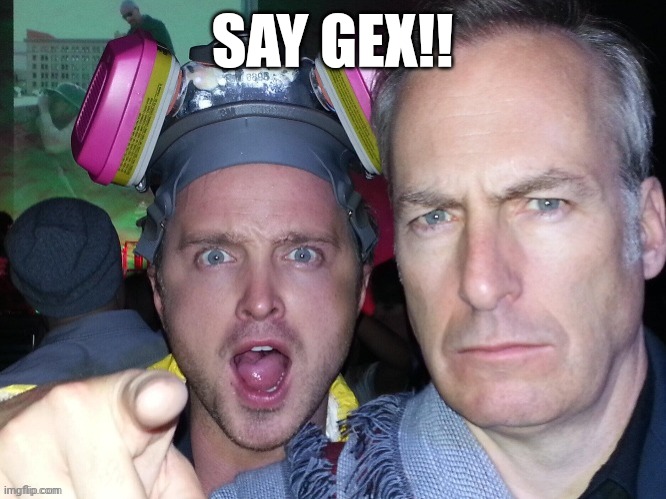 Gex | SAY GEX!! | image tagged in aaron paul points at you with bob odenkirk staring at you | made w/ Imgflip meme maker
