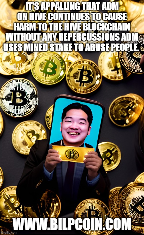 IT'S APPALLING THAT ADM ON HIVE CONTINUES TO CAUSE HARM TO THE HIVE BLOCKCHAIN WITHOUT ANY REPERCUSSIONS ADM USES MINED STAKE TO ABUSE PEOPLE. WWW.BILPCOIN.COM | made w/ Imgflip meme maker