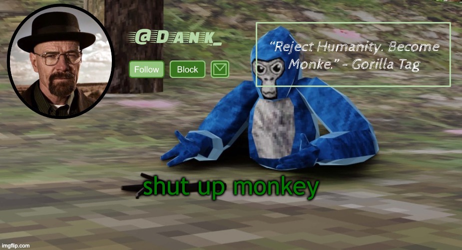 Gorilla Tag temp (by del) | shut up monkey | image tagged in gorilla tag temp by del | made w/ Imgflip meme maker