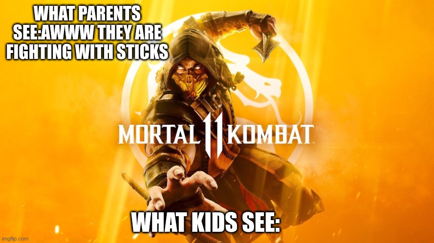 Mortal Kombat 11 | WHAT PARENTS SEE:AWWW THEY ARE FIGHTING WITH STICKS; WHAT KIDS SEE: | image tagged in mortal kombat 11 | made w/ Imgflip meme maker