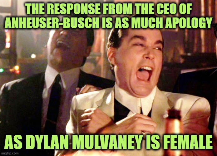 Anheuser-Busch Plays Damage Control | THE RESPONSE FROM THE CEO OF ANHEUSER-BUSCH IS AS MUCH APOLOGY; AS DYLAN MULVANEY IS FEMALE | image tagged in memes,good fellas hilarious | made w/ Imgflip meme maker