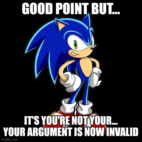. | GOOD POINT BUT... IT'S YOU'RE NOT YOUR... YOUR ARGUMENT IS NOW INVALID | made w/ Imgflip meme maker