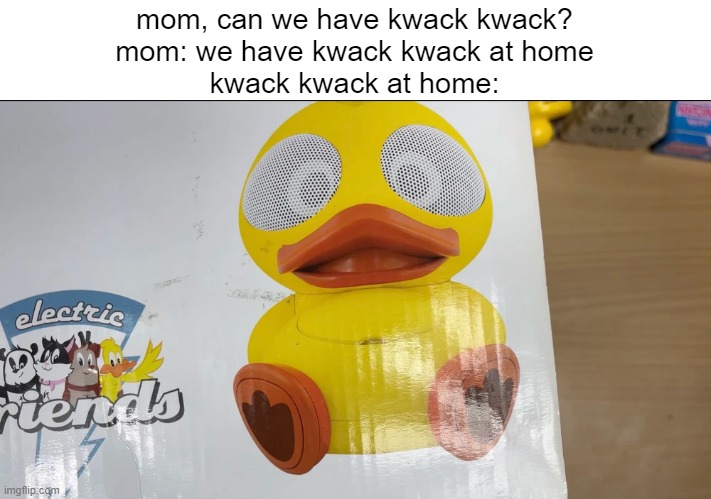 mom, can we have kwack kwack?
mom: we have kwack kwack at home
kwack kwack at home: | image tagged in memes,the,duck | made w/ Imgflip meme maker