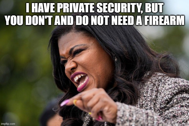 Democrat hypocrisy | I HAVE PRIVATE SECURITY, BUT YOU DON'T AND DO NOT NEED A FIREARM | image tagged in cori bush,democrat hypocrisy,defund your protection,commie,democrat war on america,the ugly face of a tyrant | made w/ Imgflip meme maker