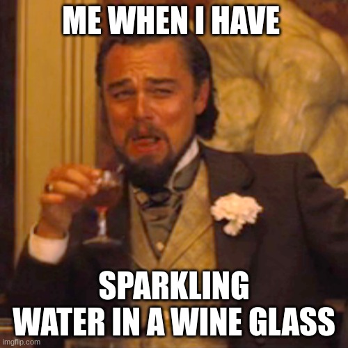 Laughing Leo Meme | ME WHEN I HAVE; SPARKLING WATER IN A WINE GLASS | image tagged in memes,laughing leo,funny,funny memes | made w/ Imgflip meme maker