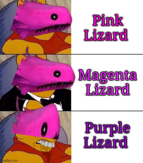 If you call Magenta Lizards Purple Lizards I hate you now | Pink Lizard; Magenta Lizard; Purple Lizard | image tagged in best better blurst,magenta | made w/ Imgflip meme maker