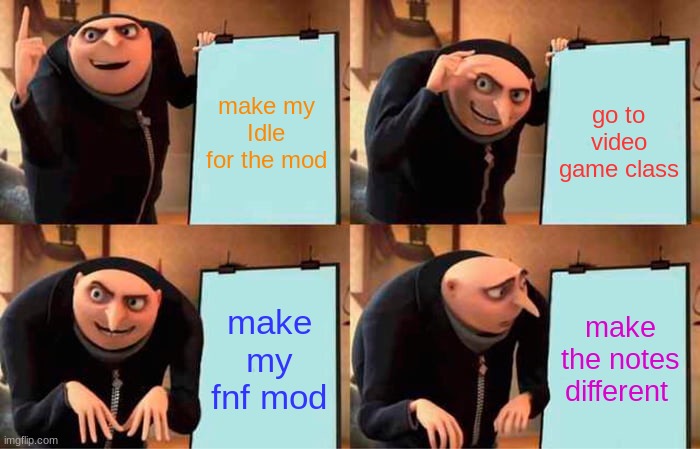 why should i make my fnf mode | make my Idle for the mod; go to video game class; make my fnf mod; make the notes different | image tagged in memes,gru's plan,fnf | made w/ Imgflip meme maker