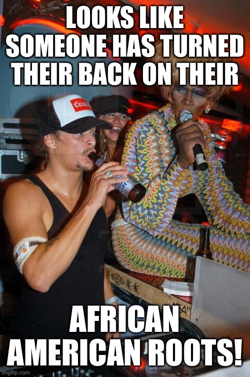Kid rock | LOOKS LIKE SOMEONE HAS TURNED THEIR BACK ON THEIR; AFRICAN AMERICAN ROOTS! | image tagged in kid rock | made w/ Imgflip meme maker