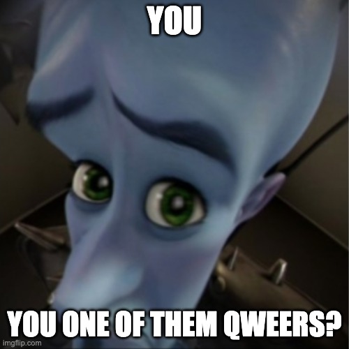 Megamind peeking | YOU; YOU ONE OF THEM QWEERS? | image tagged in megamind peeking | made w/ Imgflip meme maker