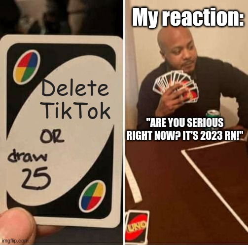 TikTok be like | My reaction:; Delete TikTok; "ARE YOU SERIOUS RIGHT NOW? IT'S 2023 RN!" | image tagged in memes,uno draw 25 cards | made w/ Imgflip meme maker