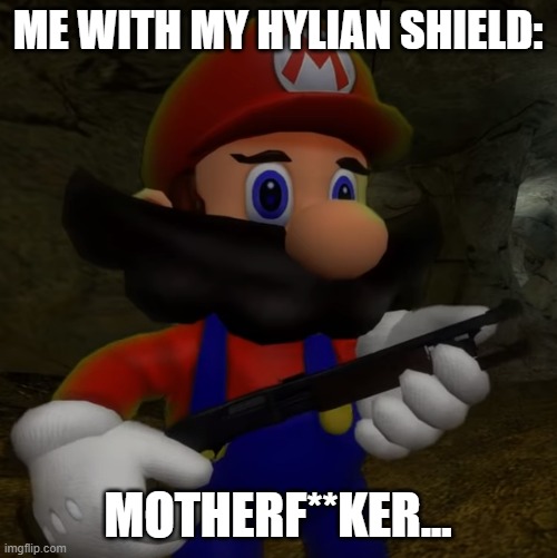 Mario with Shotgun | ME WITH MY HYLIAN SHIELD:; MOTHERF**KER... | image tagged in mario with shotgun | made w/ Imgflip meme maker
