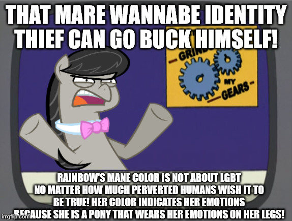 what really grinds my gears Octavia Melody | THAT MARE WANNABE IDENTITY THIEF CAN GO BUCK HIMSELF! RAINBOW'S MANE COLOR IS NOT ABOUT LGBT NO MATTER HOW MUCH PERVERTED HUMANS WISH IT TO  | image tagged in what really grinds my gears octavia melody | made w/ Imgflip meme maker