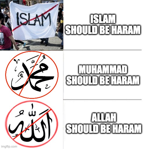 Tuxedo Winnie the Pooh (3 panel) | ISLAM SHOULD BE HARAM; MUHAMMAD SHOULD BE HARAM; ALLAH SHOULD BE HARAM | image tagged in tuxedo winnie the pooh 3 panel | made w/ Imgflip meme maker