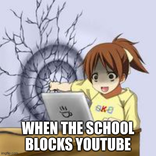 Anime wall punch | WHEN THE SCHOOL BLOCKS YOUTUBE | image tagged in anime wall punch,anime,anime meme,anime girl,school,school meme | made w/ Imgflip meme maker