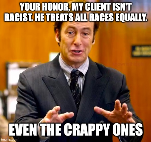 XD | YOUR HONOR, MY CLIENT ISN'T RACIST. HE TREATS ALL RACES EQUALLY. EVEN THE CRAPPY ONES | image tagged in saul goodman your honor | made w/ Imgflip meme maker