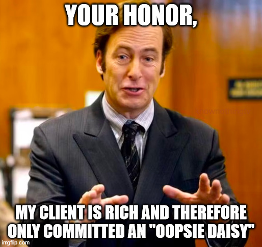 Saul Goodman Your Honor | YOUR HONOR, MY CLIENT IS RICH AND THEREFORE ONLY COMMITTED AN "OOPSIE DAISY" | image tagged in saul goodman your honor | made w/ Imgflip meme maker