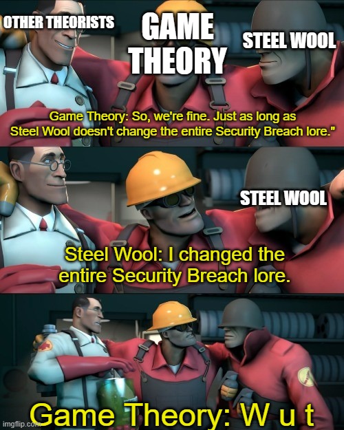 I teleported bread | OTHER THEORISTS; GAME THEORY; STEEL WOOL; Game Theory: So, we're fine. Just as long as Steel Wool doesn't change the entire Security Breach lore."; STEEL WOOL; Steel Wool: I changed the entire Security Breach lore. Game Theory: W u t | image tagged in i teleported bread,game theory,fnaf | made w/ Imgflip meme maker