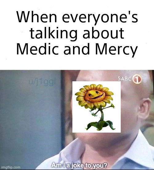Poor Sunflower :( | When everyone's talking about Medic and Mercy | image tagged in am i a joke to you | made w/ Imgflip meme maker
