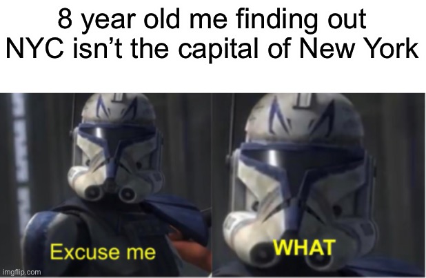 I only learned this recently | 8 year old me finding out NYC isn’t the capital of New York | image tagged in excuse me what,memes,funny,childhood | made w/ Imgflip meme maker