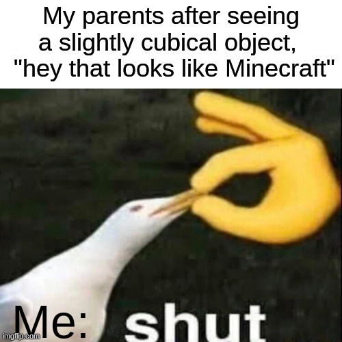 I hate this so much | My parents after seeing a slightly cubical object, 
 "hey that looks like Minecraft"; Me: | image tagged in shut | made w/ Imgflip meme maker