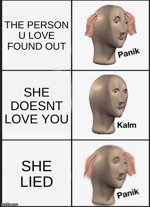 WOW | THE PERSON U LOVE FOUND OUT; SHE DOESNT LOVE YOU; SHE LIED | image tagged in memes,panik kalm panik | made w/ Imgflip meme maker