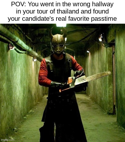 they pay money to kill people | POV: You went in the wrong hallway in your tour of thailand and found your candidate's real favorite passtime | made w/ Imgflip meme maker