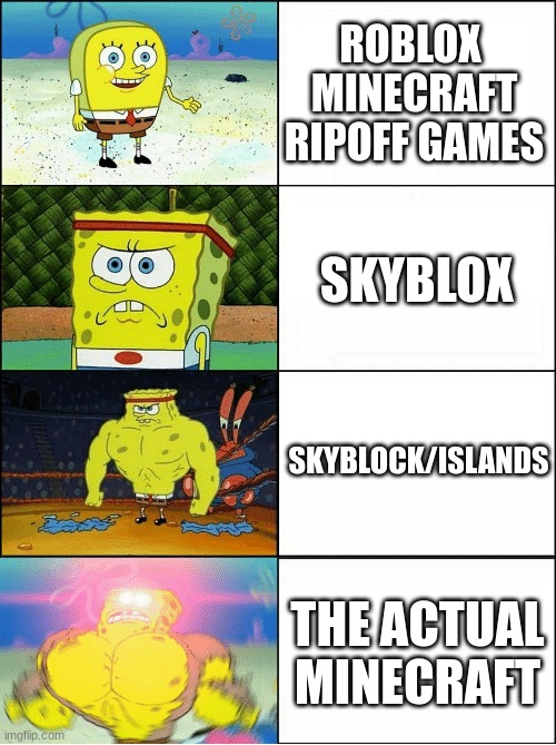 Sponge Finna Commit Muder | ROBLOX  MINECRAFT RIPOFF GAMES; SKYBLOX; SKYBLOCK/ISLANDS; THE ACTUAL MINECRAFT | image tagged in sponge finna commit muder | made w/ Imgflip meme maker