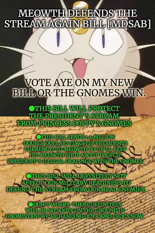 Vote early. Vote often! | MEOWTH DEFENDS THE STREAM AGAIN BILL [MDSAB]; VOTE AYE ON MY NEW BILL OR THE GNOMES WIN. ●THIS BILL WILL PROTECT THE PRESIDENT'S STREAM FROM PRINCESS POPPY'S GNOMES; ●THIS BILL SENDS 1.4 BILLION DOUBLE DOLLARS [IMGFLIP PRESIDENTS CURRENCY] TO MEOWTH SO HE'LL KEEP HIS MEOWTH SHUT ABOUT IMGFLIP PRESIDENT'S ILLEGAL DEALINGS WITH THE GNOMES. ●THIS BILL WILL DEFINITELY NOT AFFECT OUR MILITARY READINESS TO DEFEND THE STREAM FROM OUR REAL ENEMIES. ●DON'T WORRY. THERE DEFINITELY WILL BE NO BOOTS ON THE GROUND IN GNOMISTAN! WE'RE HANDING OUT CAMO CROCS NOW. | image tagged in meowth middle claw,constitution,why didnt,you vote,yet | made w/ Imgflip meme maker