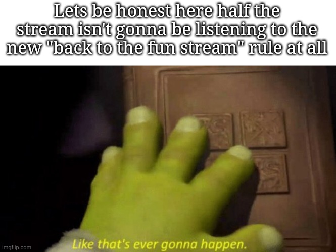 Or at least they're gonna be more sneakier with it | Lets be honest here half the stream isn't gonna be listening to the new "back to the fun stream" rule at all | image tagged in like that's ever gonna happen | made w/ Imgflip meme maker