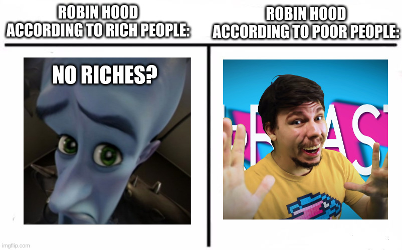 steal from the rich and give to the poor | ROBIN HOOD ACCORDING TO POOR PEOPLE:; ROBIN HOOD ACCORDING TO RICH PEOPLE:; NO RICHES? | image tagged in who would win blank,megamind,robin hood,mrbeast,rich vs poor,memes | made w/ Imgflip meme maker