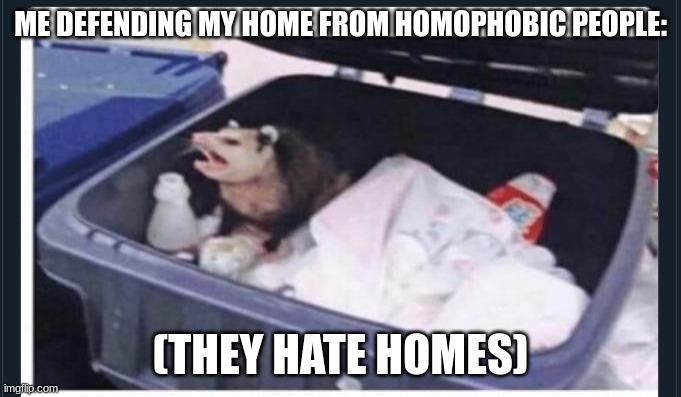 Stolen joke go brrrrr | ME DEFENDING MY HOME FROM HOMOPHOBIC PEOPLE:; (THEY HATE HOMES) | image tagged in rat defending a trash can | made w/ Imgflip meme maker