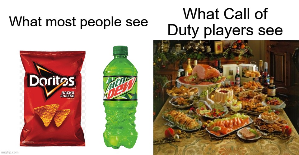 Doritos and Mountain Dew | What most people see; What Call of Duty players see | image tagged in blank white template,feast,video games,gaming,call of duty | made w/ Imgflip meme maker